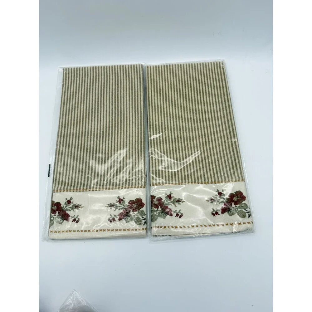 Pottery barn stripe embroidered floral kitchen towel Cotton Beige Flowers Set 2
